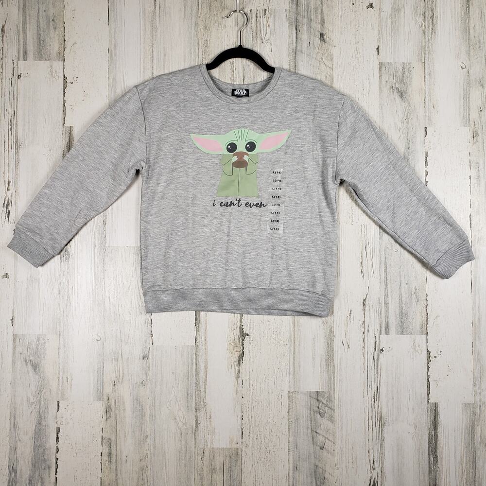 NWT Star Wars Girls Baby Yoda Grogu Gray Graphic Sweatshirt Youth Size Large 14